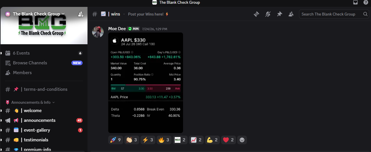 The Blank Check Group Discord server showing its Wins channel and a member trade result.